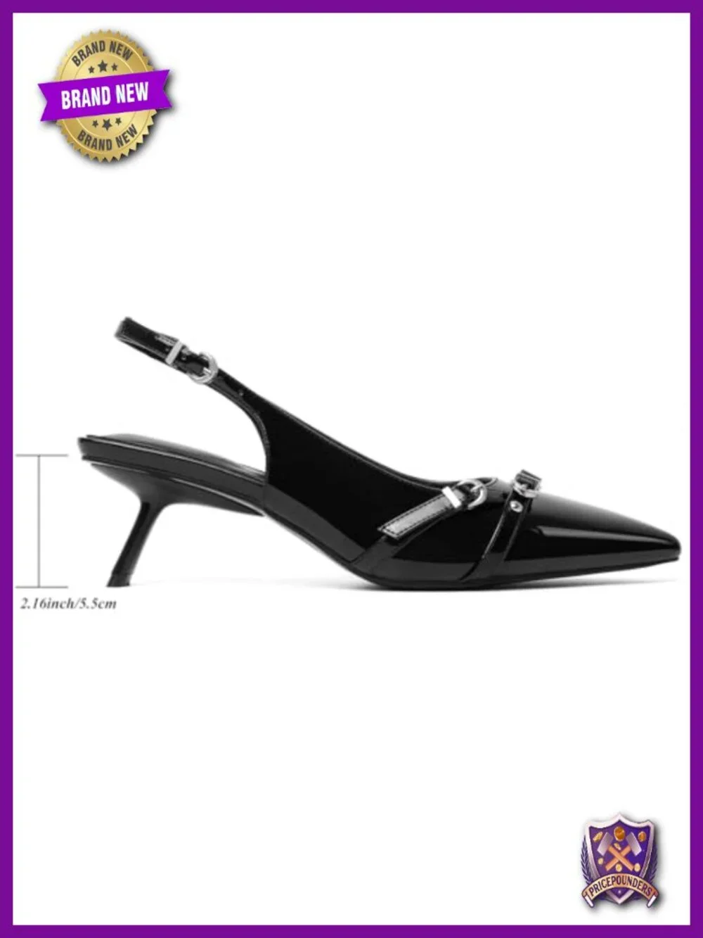 Kitten Heels Pointed Toe Pumps Patent Leather Slingback Buckle Dress Shoes